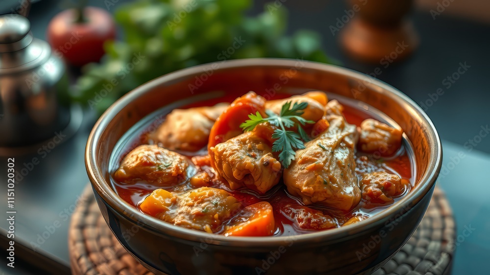 Spicy Chicken Stew Close-Up, Delicious Bowl, Top View, Food Photography Spicy Chicken Stew Close-Up, Delicious Bowl, Top View, Food Photography