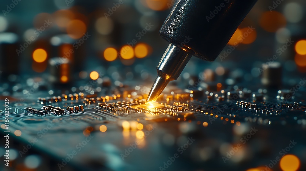 Close-up view of soldering an electronic component onto a circuit board, glowing soldering iron and shiny solder beads creating reflections, sharp focus on the soldering point, Close-up view of soldering an electronic component onto a circuit board, glowing soldering iron and shiny solder beads creating reflections, sharp focus on the soldering point,