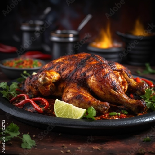 Deliciously Roasted Chicken Served with Fresh Herbs and Spices on a Black Plate Surrounded by Ingredients Ready for a Gourmet Feast photo