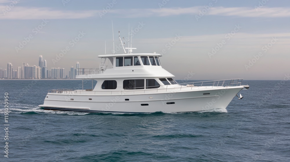 A sleek white yacht glides through calm waters, showcasing modern design against a backdrop of distant city skyscrapers. A sleek white yacht glides through calm waters, showcasing modern design against a backdrop of distant city skyscrapers.