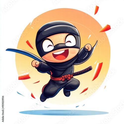 Ninja kid leaps into action playful animation bright background cheerful vibe photo