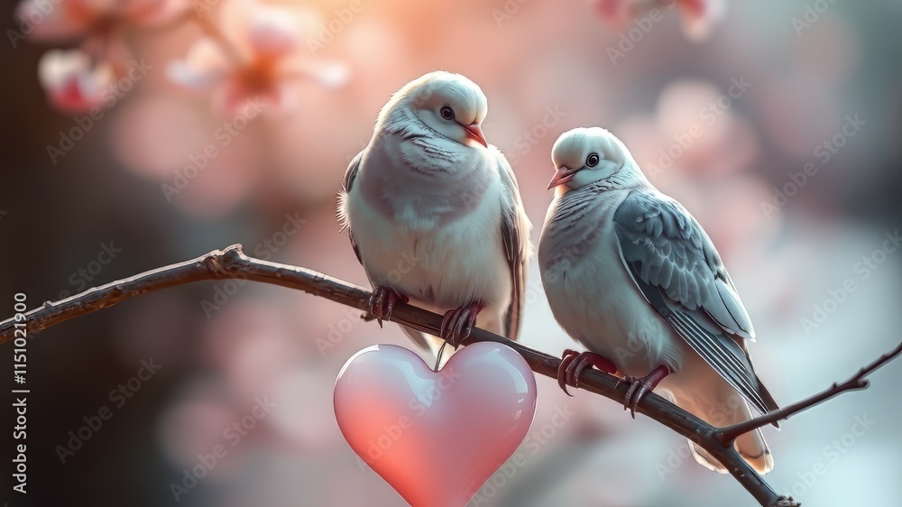 Fototapeta premium Two Doves Heart Romantic Scene AI Art, Love Birds, Couple, Nature, Heart, Soft Focus, Beautiful, Tender, Affectionate, Romantic, 