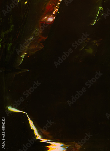Glitch overlay. Distressed foil texture. Red orange white color light flare dust scratch grain particles creased crumpled old film effect illustration art abstract background.