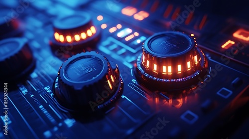 Extreme macro shot of a textured dial being turned on a digital control panel, glowing LEDs and smooth metal reflecting workshop lights, sharp focus on precision details,