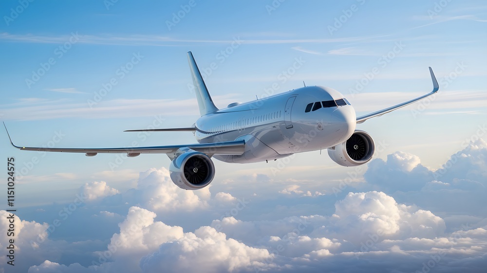 Obraz premium Commercial Passenger Airplane Flying Above the Clouds in Blue Sky