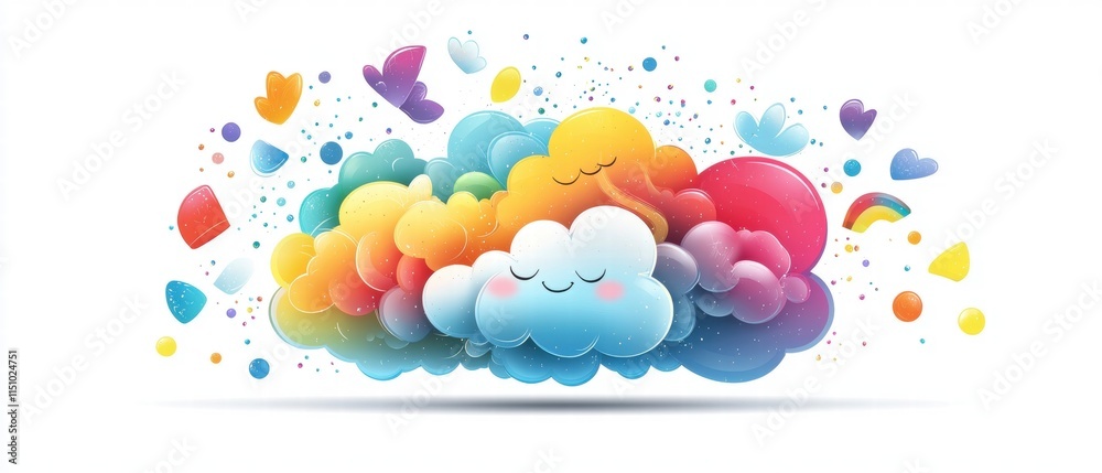 Whimsical colorful clouds with hearts and butterflies imaginative artwork bright environment aerial view dreamy concept Whimsical colorful clouds with hearts and butterflies imaginative artwork bright environment aerial view dreamy concept
