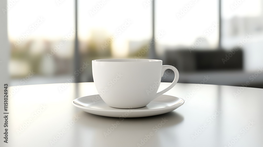 White cup, saucer on table.