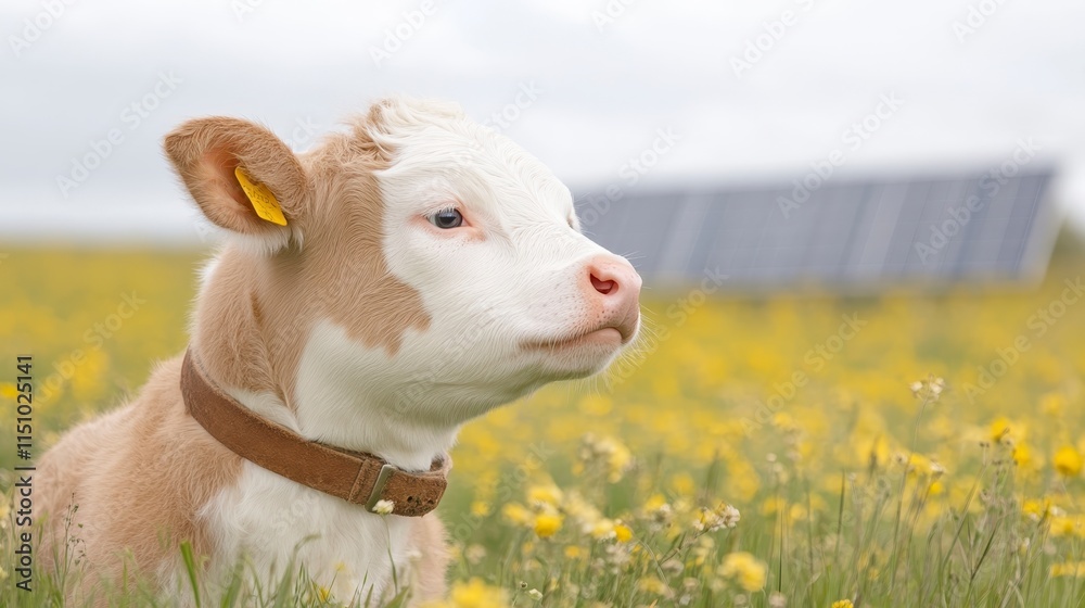 Fototapeta premium A young calf stands in a vibrant field of flowers, with solar panels visible in the background, symbolizing sustainable farming and nature.