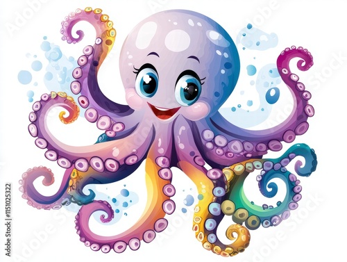 Playful cartoon octopus character underwater scene digital illustration colorful environment whimsical viewpoint fun concept photo