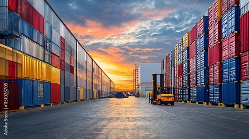 Wallpaper Mural A vibrant sunset over a shipping container yard with a forklift in view. Torontodigital.ca