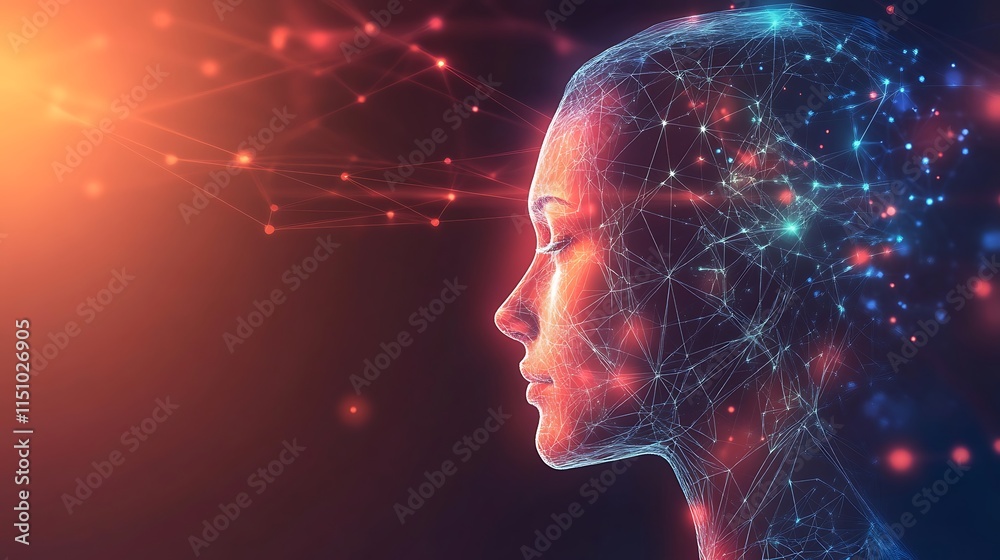 Abstract profile of a woman's head formed by glowing network nodes and lines. Abstract profile of a woman's head formed by glowing network nodes and lines.