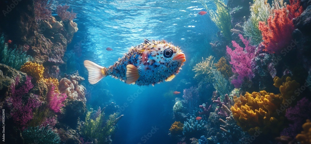 Fototapeta premium A vibrant underwater scene featuring a colorful fish among coral reefs.