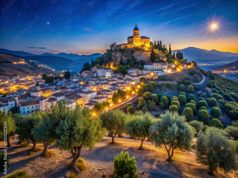 Obraz premium Andalusian night: Montefrio's starlit sky blankets olive groves, a captivating panorama.