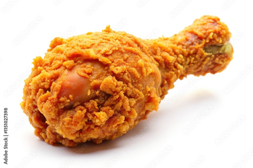 A perfect crispy fried chicken drumstick; golden-brown and juicy, with a crunchy texture. A perfect crispy fried chicken drumstick; golden-brown and juicy, with a crunchy texture.