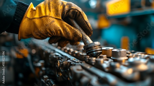 Macro shot of a gloved hand tightening a bolt on a high-performance engine block using a torque wrench, intricate grooves and metallic textures highlighted by overhead lighting, photo