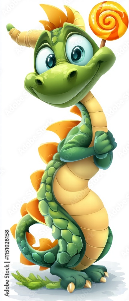 Obraz premium Playful cartoon dragon holding a lollipop fantasy realm digital illustration bright colors cheerful vibe
