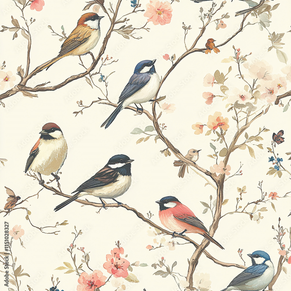 Obraz premium Elegant Birds Blossom Spring Floral Watercolor Painting Seamless Pattern