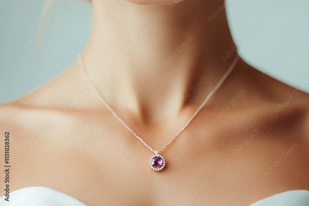 Beautiful woman in a white wedding dress with a pink and red crystal necklace on her neck, soft lighting, portrait photography, blurred background, close-up shot of the girl's upper body Beautiful woman in a white wedding dress with a pink and red crystal necklace on her neck, soft lighting, portrait photography, blurred background, close-up shot of the girl's upper body