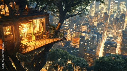 Night City Treetop Haven: A Serene Escape Above the Urban Glow