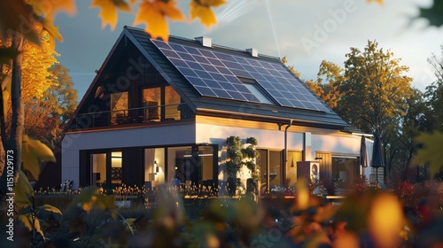 Modern German singlefamily home features sleek design prominent solar panels large windows situated fallcolored landscape blurred foreground sharp background photo