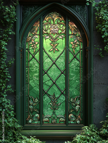Emerald Green Gothic Stained Glass Window Medieval Architecture Floral Design