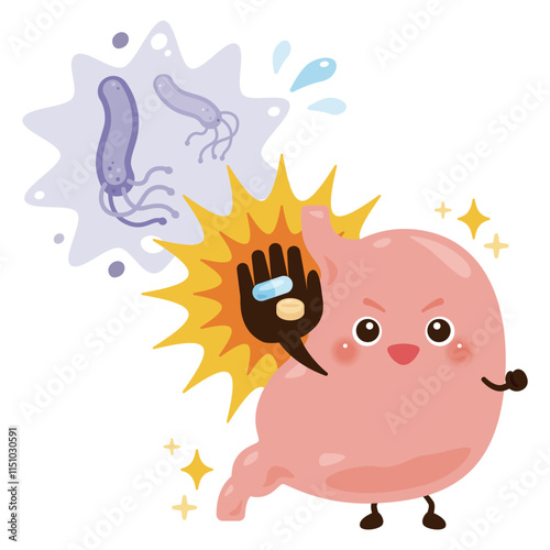 ピロリ菌を薬剤で除菌して元気になる胃のキャラクターイラスト