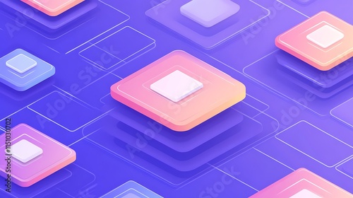 3D isometric squares on purple background.