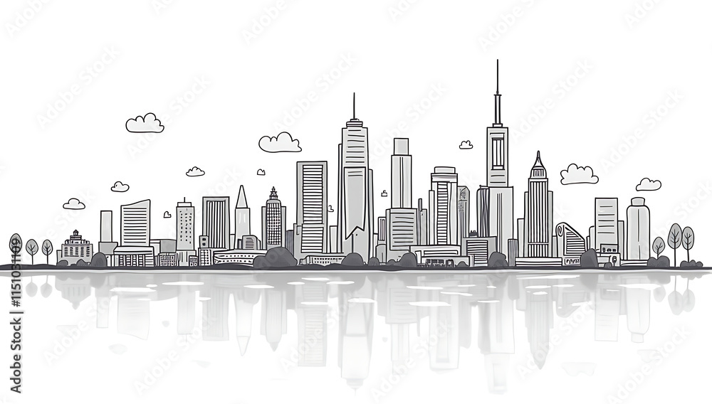 Naklejka premium “Abstract Illustration of Urban Cityscape with Thick Outlines” – A simple 2D depiction of a bustling city skyline with thick black outlines, showcasing buildings, streets, and a few trees on a white b