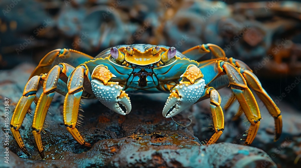 Vibrant blue orange crab intricate textures patterns stands out against dark industrial backdrop its unique appearance highlighted contrasting background Vibrant blue orange crab intricate textures patterns stands out against dark industrial backdrop its unique appearance highlighted contrasting background