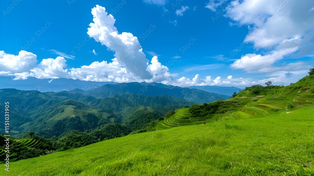 This expansive landscape showcases breathtaking terraced rice paddies cascading down a mountain valley.