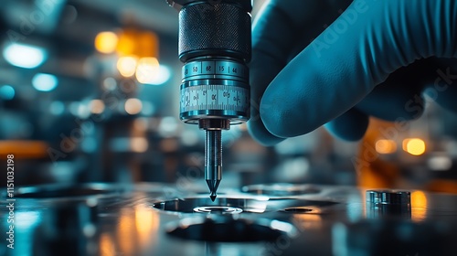 Macro shot of a micrometer held by a gloved hand, measuring a small machine part with precision, detailed calibration visible on the tool, glowing workshop lights enhancing metallic surfaces,