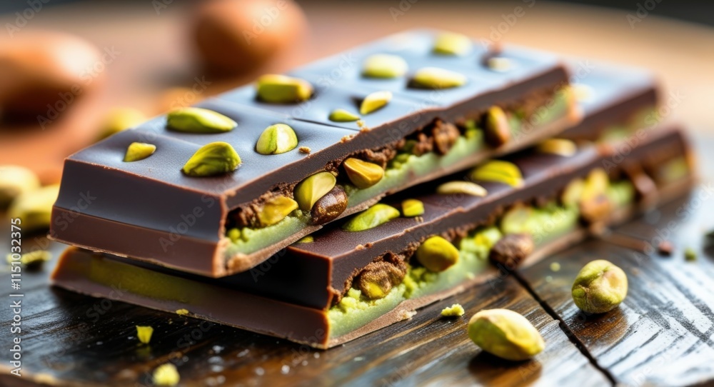 Dark chocolate bark, pistachio nuts, green and brown layers, artisanal confectionery, rustic wooden surface, shallow depth of field, macro photography, rich textures, gourmet dessert, handmade sweets, Dark chocolate bark, pistachio nuts, green and brown layers, artisanal confectionery, rustic wooden surface, shallow depth of field, macro photography, rich textures, gourmet dessert, handmade sweets,