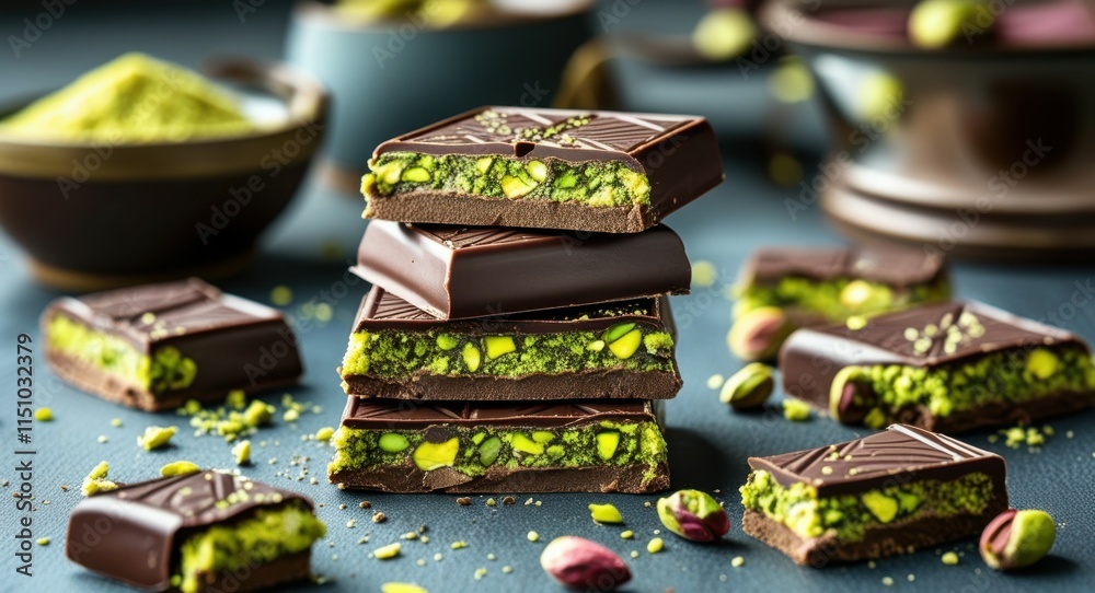 Dark chocolate squares, pistachio nuts, stacked chocolate bars, green nutty filling, artisanal confectionery, gourmet dessert, rich textures, closeup food photography, vibrant colors, shallow depth of Dark chocolate squares, pistachio nuts, stacked chocolate bars, green nutty filling, artisanal confectionery, gourmet dessert, rich textures, closeup food photography, vibrant colors, shallow depth of