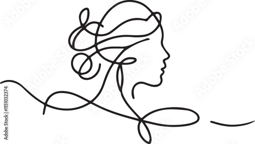 Continuous one simple single abstract line drawing of beautiful woman face icon in silhouette on a white background. Linear stylized.