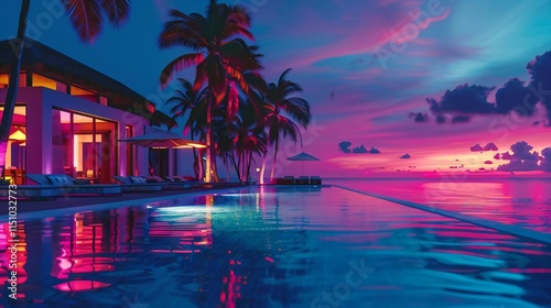 Luxury resorts modern architecture glows pinkishorange against deep blue sky reflecting pool swaying palm trees creating serene tropical evening scene photo