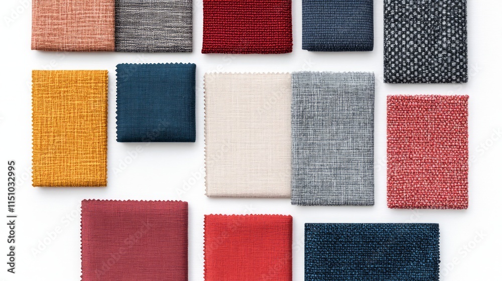 Fototapeta premium Colorful Textile Fabric Swatches Displayed on a White Background, Showcasing a Variety of Textures and Patterns for Interior Design and Fashion Applications