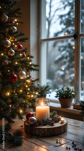 Cozy Winter Scene with Candle and Christmas Tree