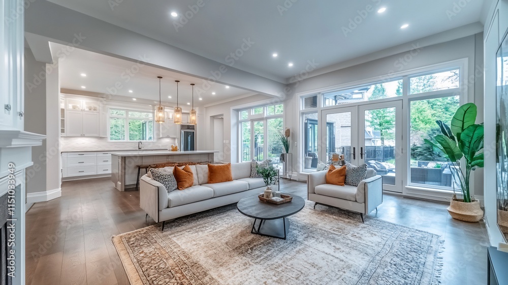 Fototapeta premium Modern living room with open kitchen, featuring elegant furniture and natural light.