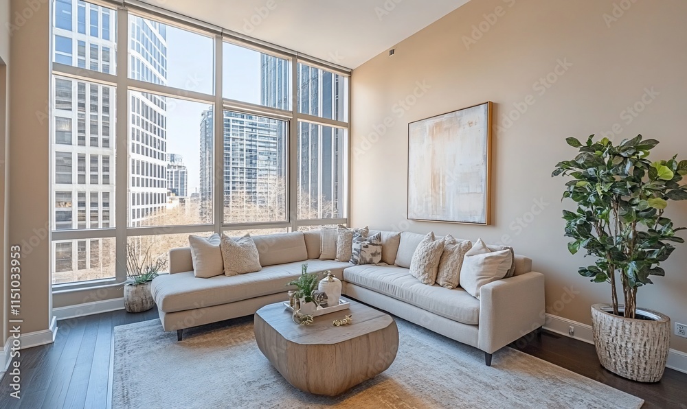 Modern living room with large windows and city view, featuring cozy furnishings. Modern living room with large windows and city view, featuring cozy furnishings.