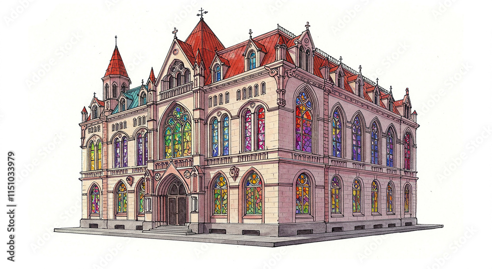Fototapeta premium Gothic Church Building Architectural Illustration Stained Glass Windows