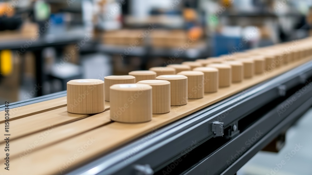 Fototapeta premium Conveyor system with wooden rollers, efficient material handling for industrial automation and transportation