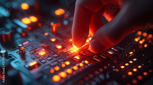 Macro shot of fingers delicately guiding a laser cutter head, vivid laser beam glowing against dark industrial surroundings, sharp focus on metallic textures and precision knobs,
