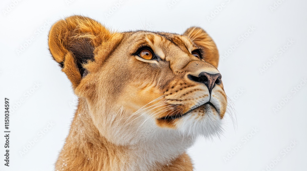 Close-up portrait of a lioness looking up against a white background. Close-up portrait of a lioness looking up against a white background.