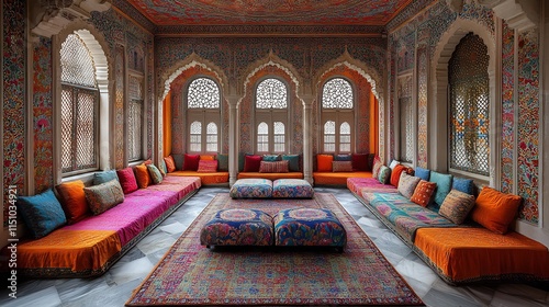 Traditional marriage hall with vibrant cultural decorations intricate patterns on the walls and colorful seating arrangements for a festive wedding celebration