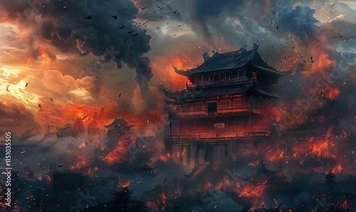 Traditional pagodastyle building is engulfed intense flames consuming intricate architecture dark clouds gather embers fill air photo