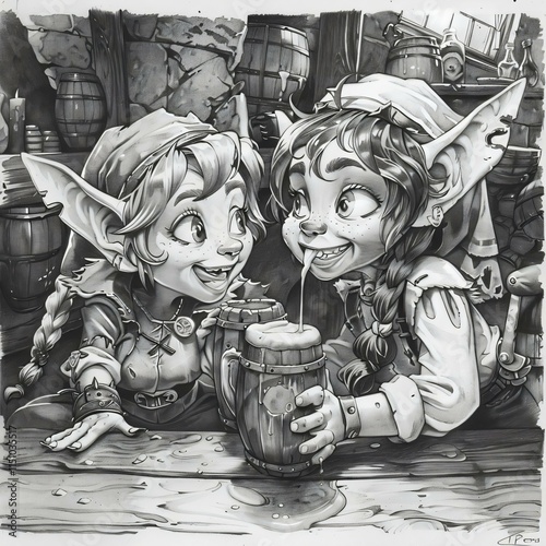 Two goblin girls share joyful moment over mug ale their bright smiles reflecting warm ambiance cozy tavern photo