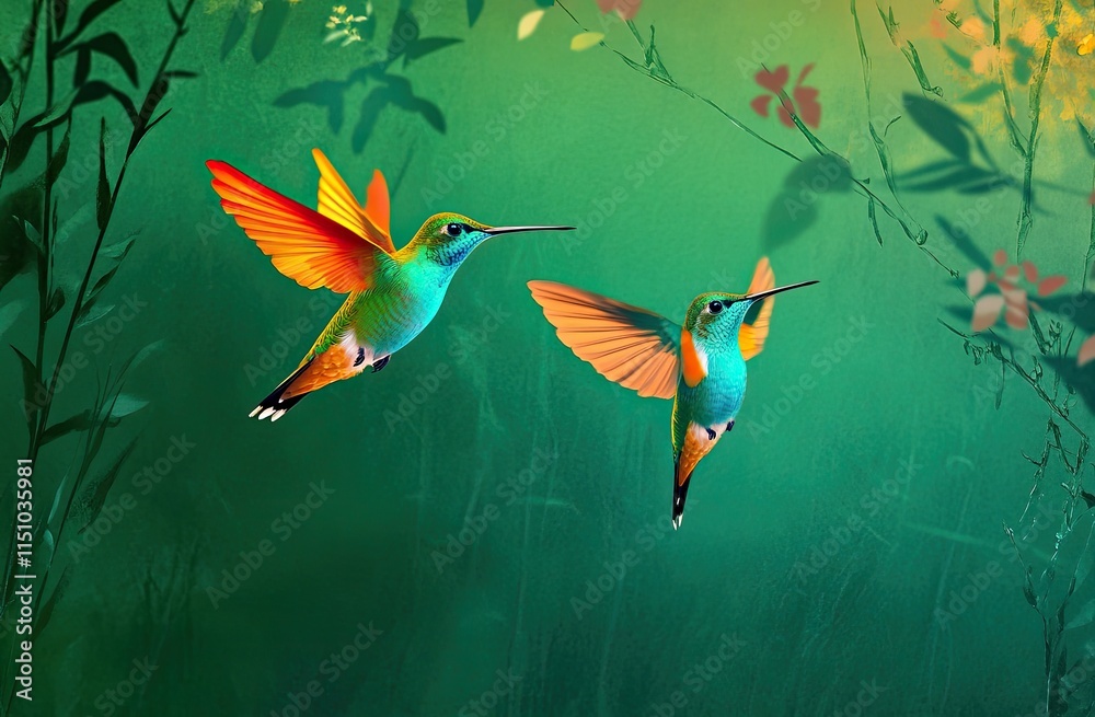 Fototapeta premium Two hummingbirds flying in the air, motion capture of two hummingbirds flying together, green background