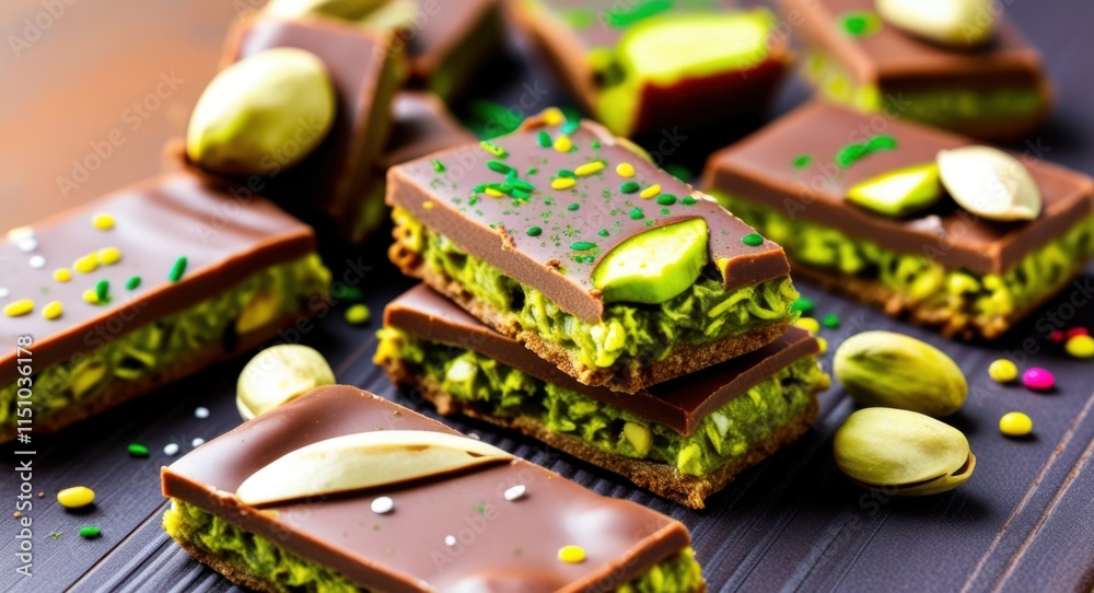 Fototapeta premium dark chocolate squares, vibrant green pistachio filling, stacked chocolate layers, crushed pistachios, whole pistachio nuts, wooden cutting board, rich textures, glossy chocolate surface, gourmet dess