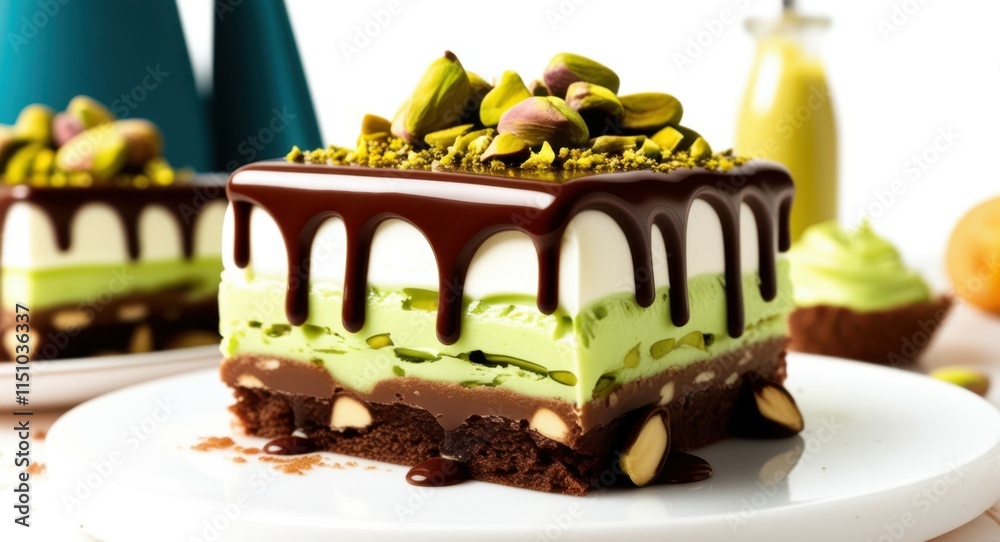 Fototapeta premium Layered cake, chocolate drip, pistachio garnish, vibrant colors, high contrast, food photography, turquoise background, decadent dessert, rich textures, mouth-watering, close-up shot, sharp focus, gou