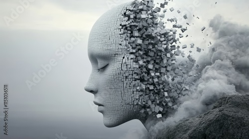 Conceptual image of a woman's head silhouette with fractured brain, symbolizing mental health challenges and cognitive fragmentation